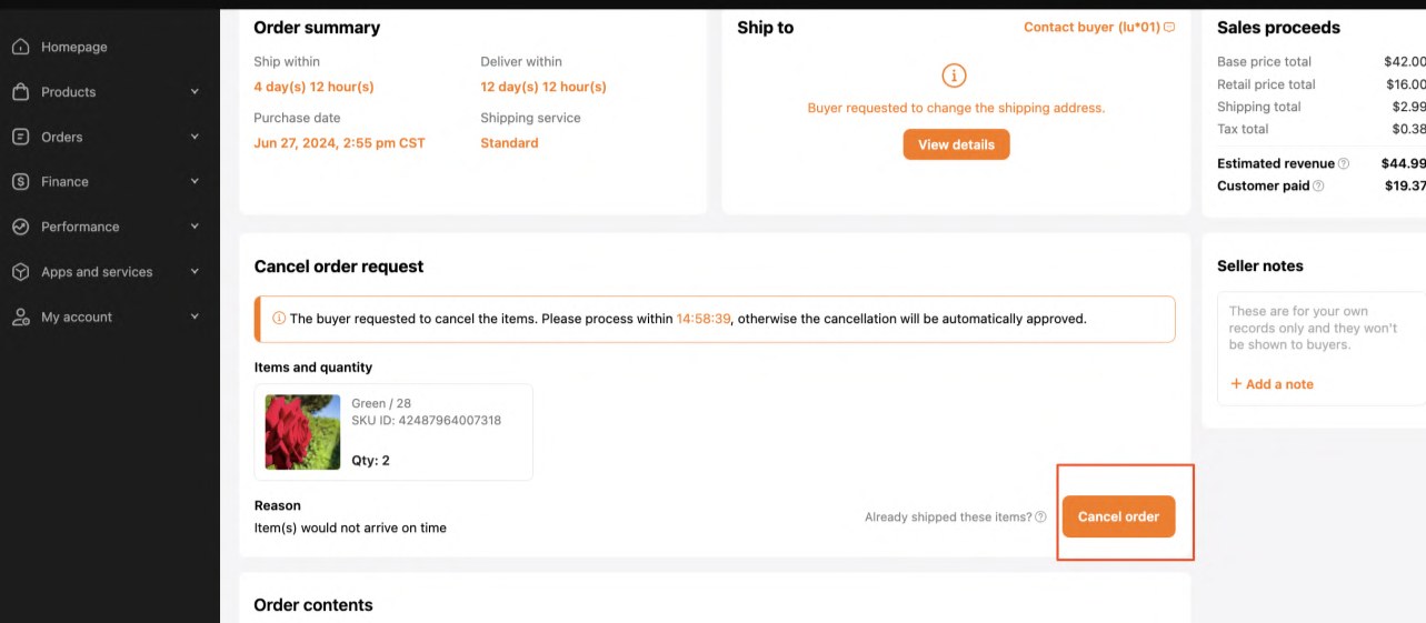 Notification huỷ đơn từ consumer trên TEMU Order List