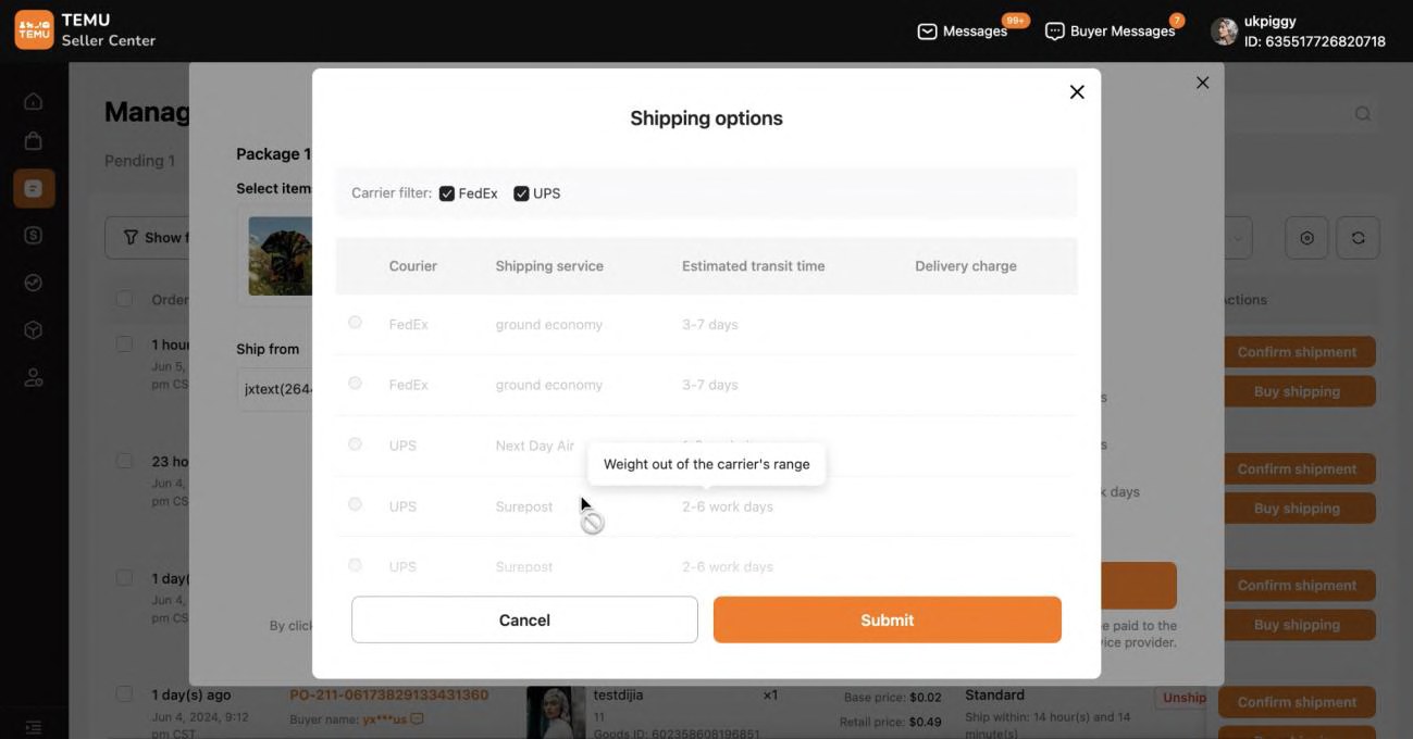 Large Package Split trên Order Details TEMU