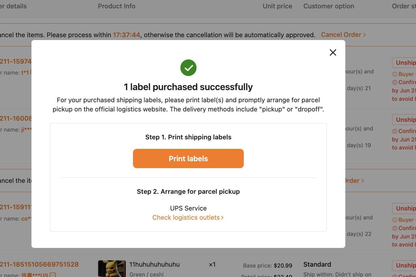 In shipping label Buy Shipping trên TEMU
