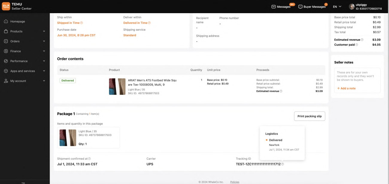 Xem tracking history và split shipment trên TEMU