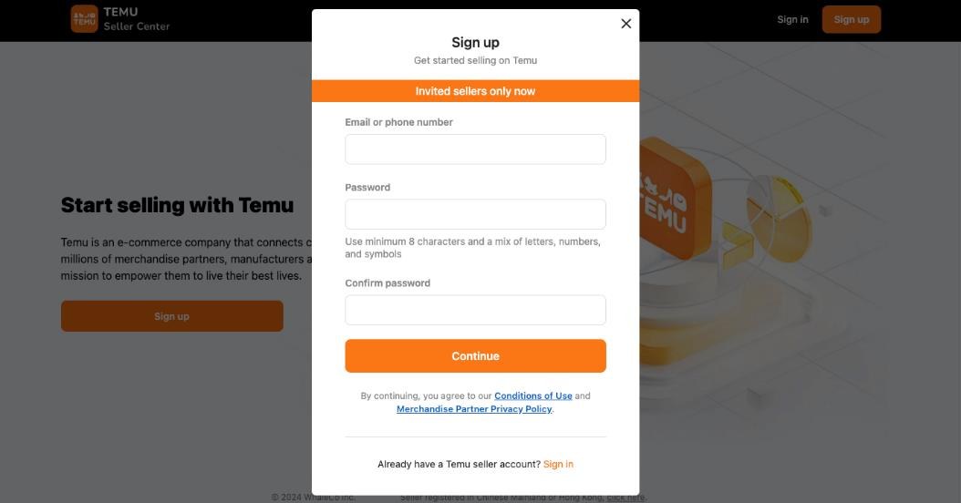 Flow tạo tài khoản TEMU qua invitation link
