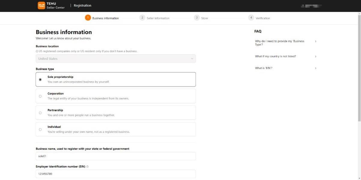 Registration form yêu cầu EIN, address, ID