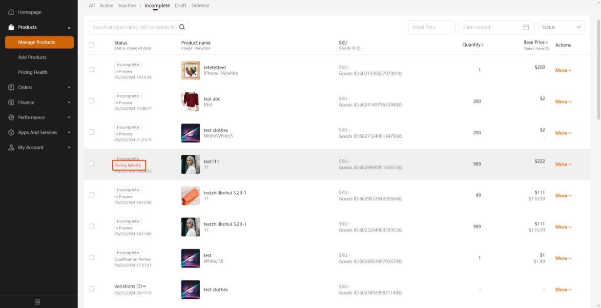 Bảng trạng thái sản phẩm trên TEMU Seller Center